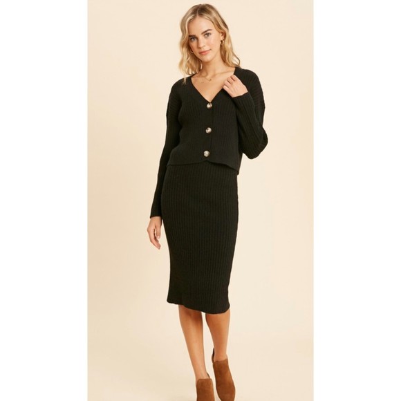 In Loom Black Ribbed Knit Cardigan And Midi Skirt Set V-Neck Long Sleeve Stretch - Picture 1 of 16